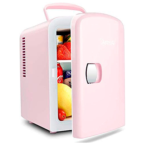 AstroAI Mini Refrigerador, Mini Nevera Portátil para el Skincare 4L 6 Latas de Refrescos, Mini Neveras 220V/12V para Enfriar y Calentar (Rosa)