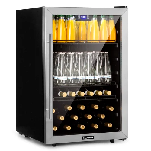 Klarstein Beersafe XL - Nevera pequeña, Mini nevera 148L, Frigorificos pequeños para bebidas silencioso, Puerta cristal, Iluminación LED, Acero inoxidable, Clase F, 55 x 84 x 55,7/60,3cm, Negro