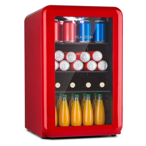 Klarstein PopLife - Nevera, Temperatura de 0 a 10 °C, EEC F, Regulador giratorio mecánico, Ruido 39 dB, Luz LED, Puerta de doble cristal, 44 x 69 x 48 cm, Capacidad de 70 Litros, Rojo